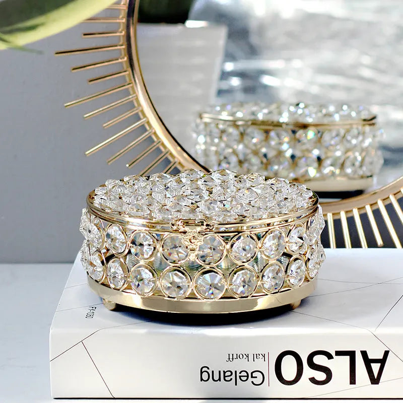French gold European style jewelry box with transparent crystal glass and metal construction