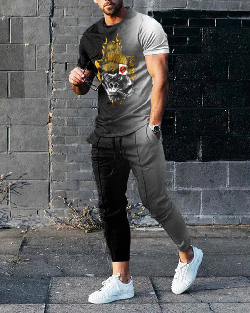 Men's short sleeve printed pullover and trousers set in thin polyester blend fabric for sports and casual wear