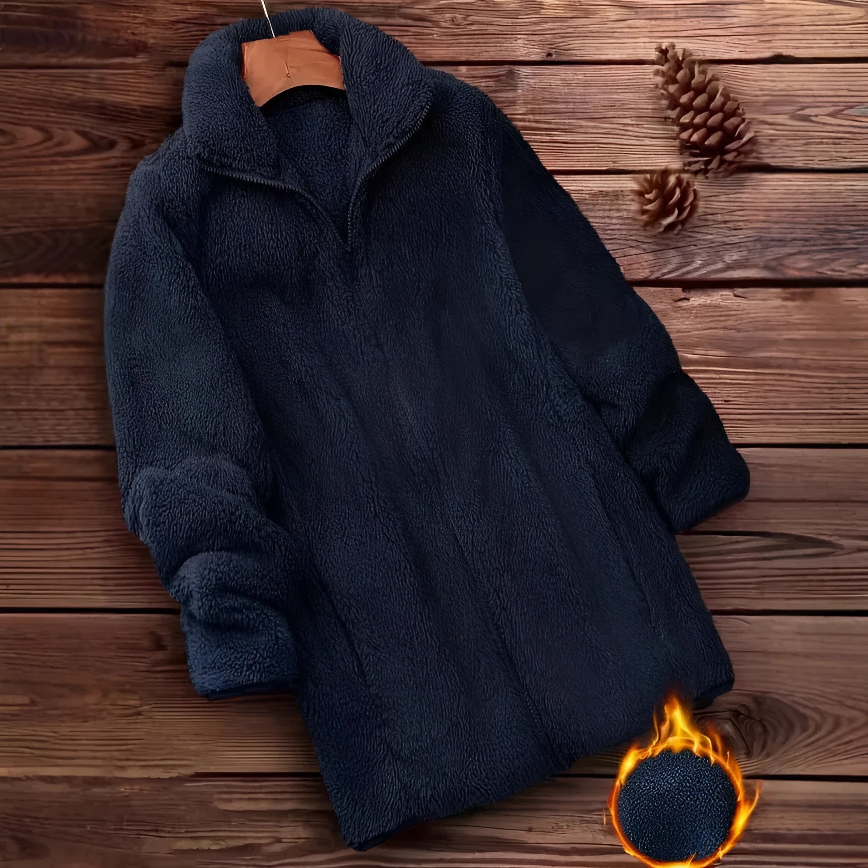 Man's black double-sided fleece jacket with a fleece lining, showing front view.