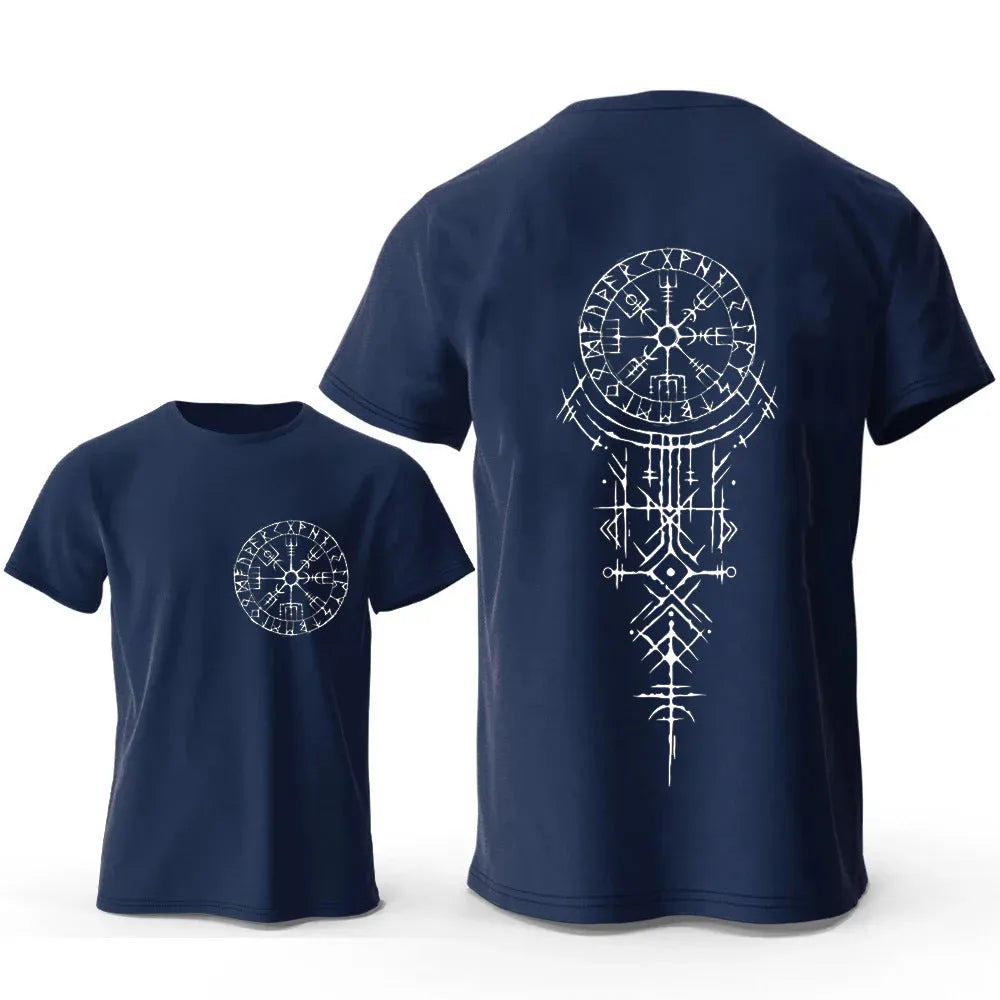 Men's grey T-shirt with a white Viking rune compass graphic on the chest