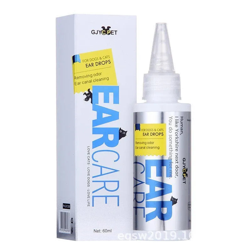 Bottles of pet foot cleaning foam and ear cleanse liquid next to packs of disposable pet wipes for dogs and cats.