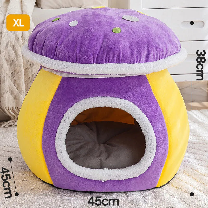 Mushroom-shaped plush cat bed in grey colour with detachable blanket
