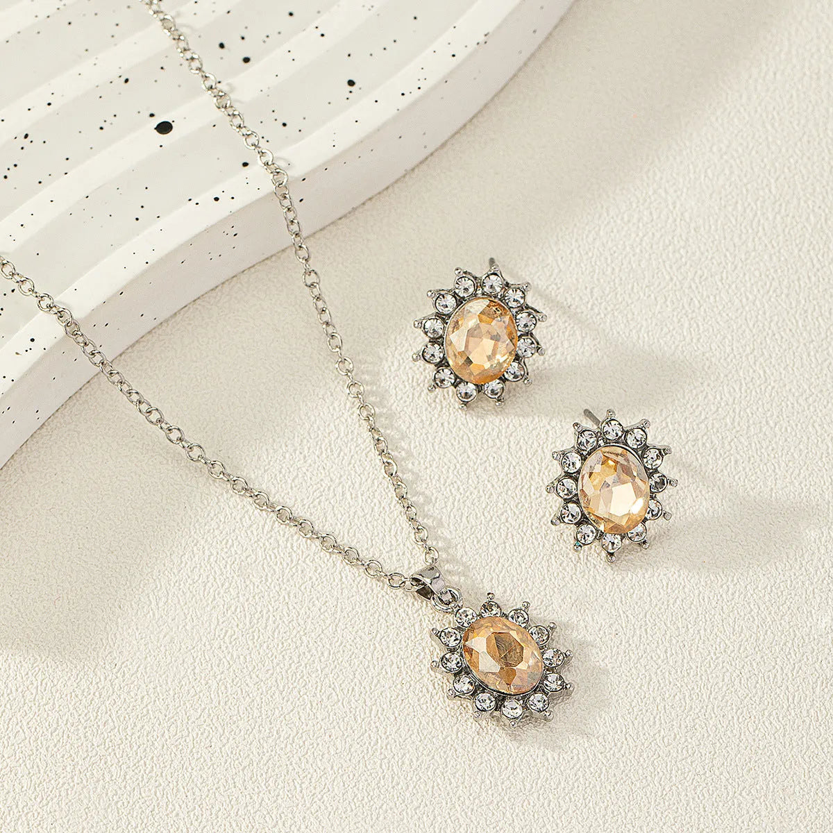 Sunflower zircon ear stud and necklace set in electroplated alloy jewellery with regular chain