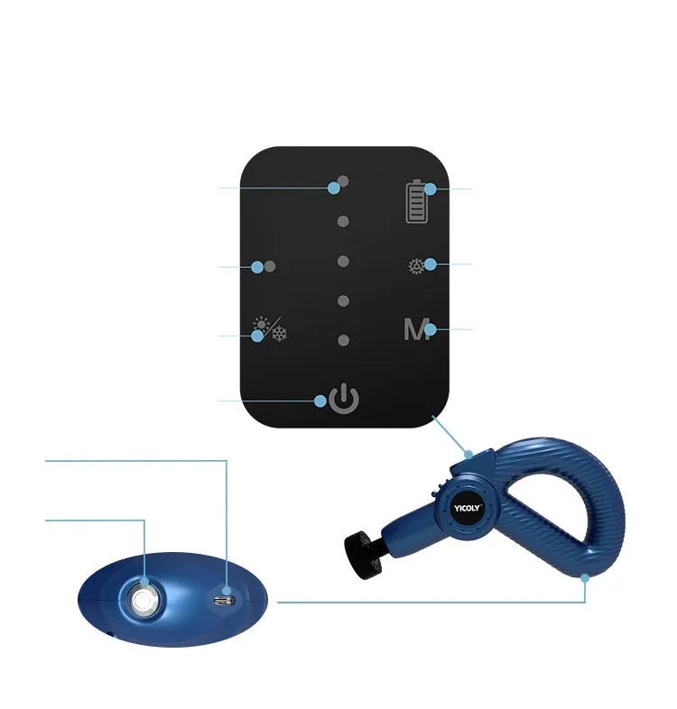 Black smart muscle massage gun with hot and ice compress functions and five attachment heads