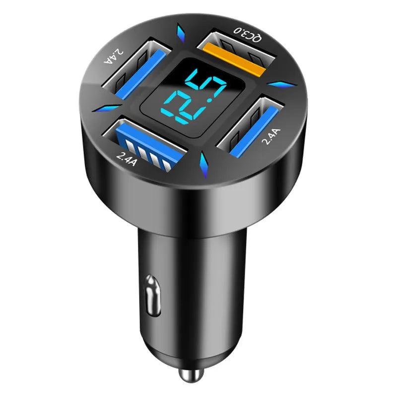 Four-port USB car charger with digital display for vehicle use