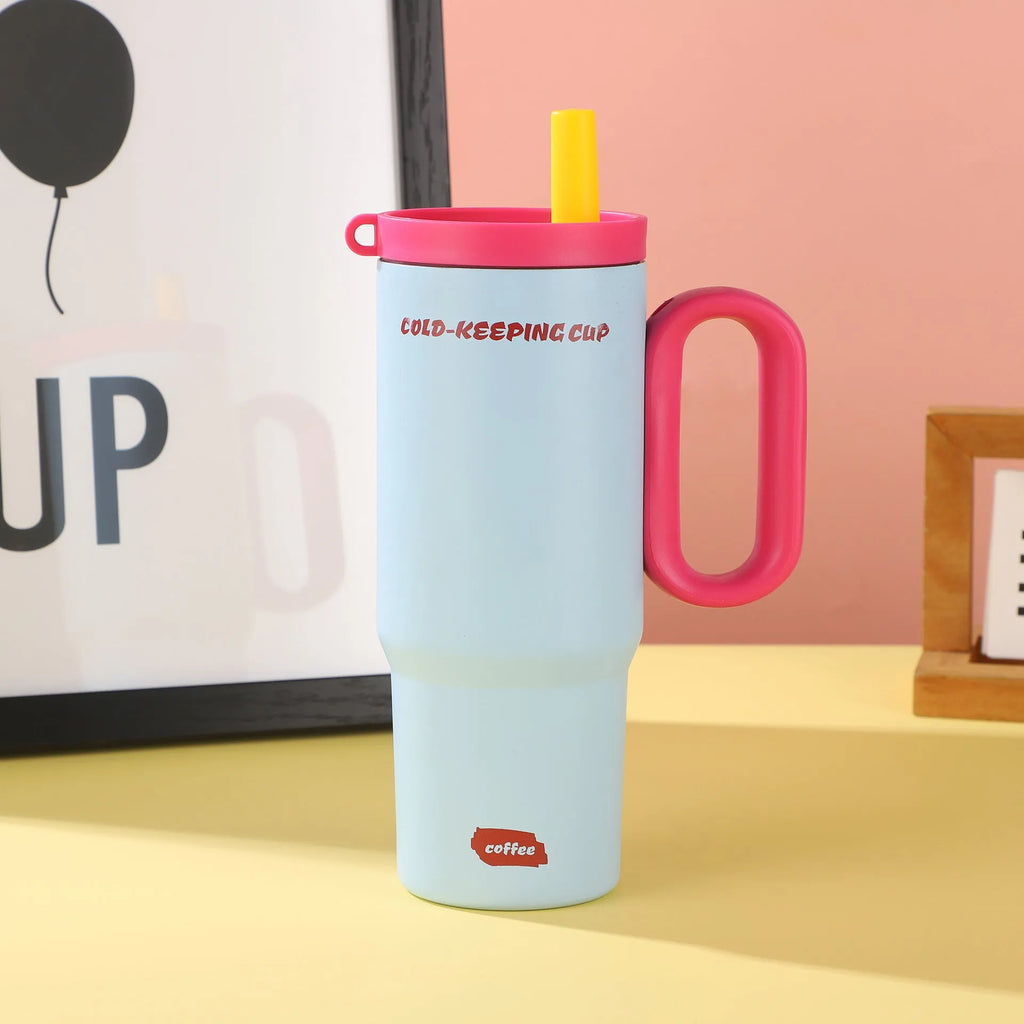 Large insulated straw drinking cup with carrying handle in multiple colour options