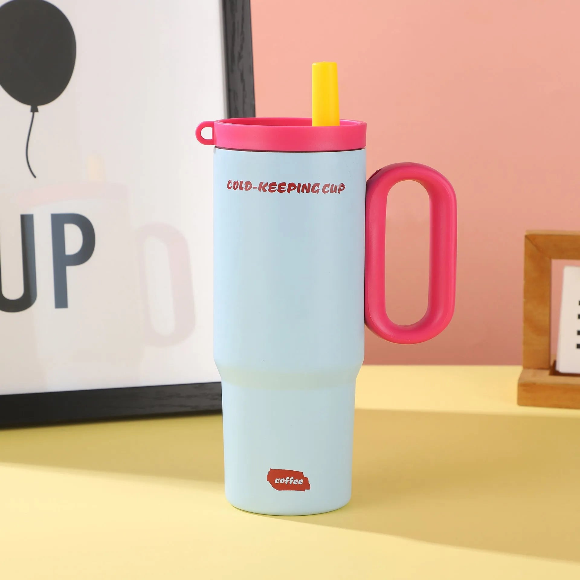 Large insulated straw drinking cup with carrying handle in multiple colour options