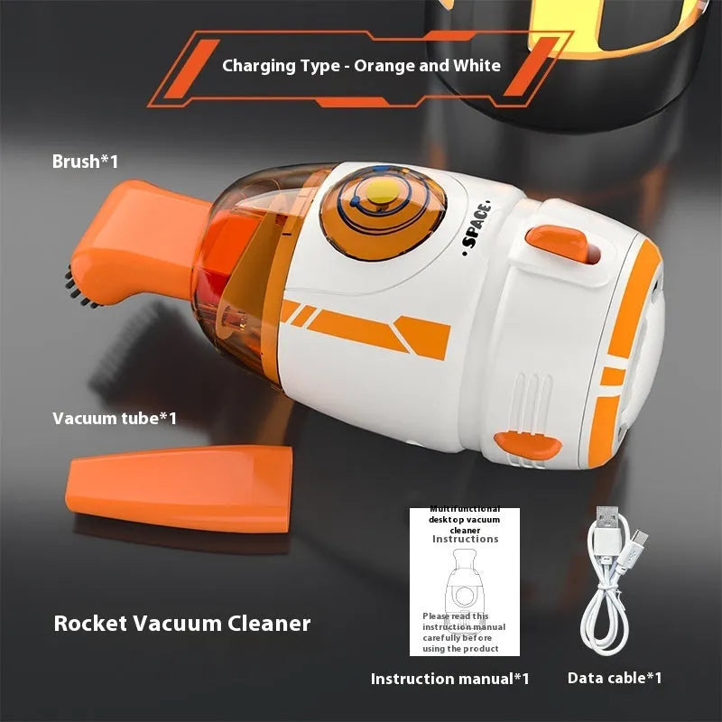 USB desktop vacuum cleaner in blue rocket design for keyboard and desk cleaning