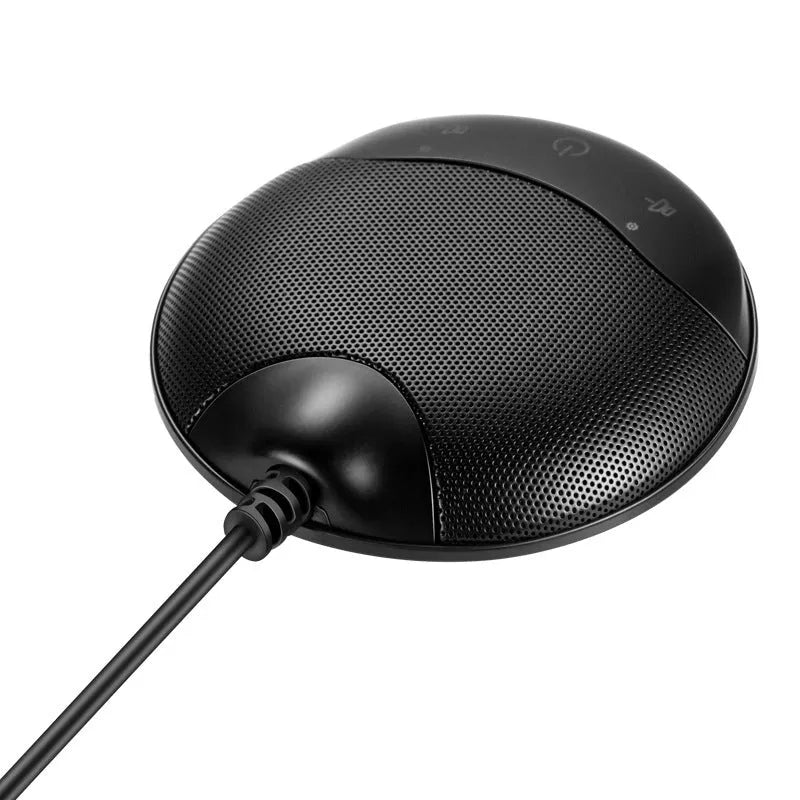 Black USB condenser microphone for conference calls and recording measuring 9x9x1.7cm