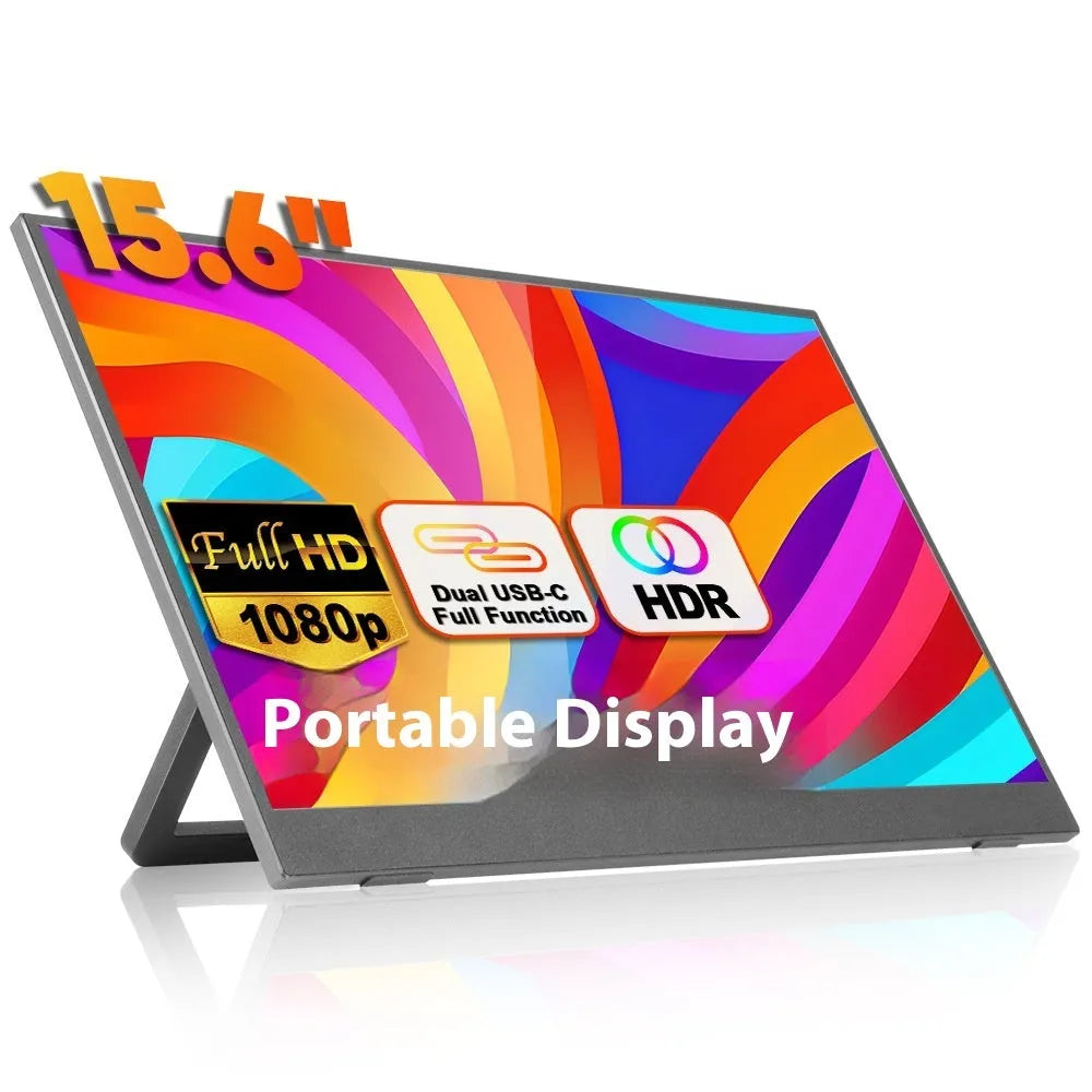 Black 15.6-inch portable computer display with adjustable stand showing Full HD screen