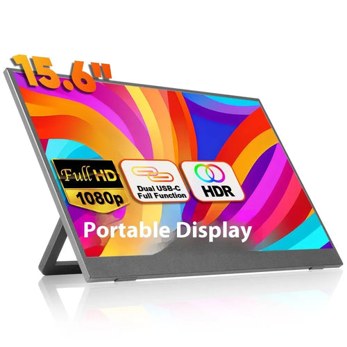 Black 15.6-inch portable computer display with adjustable stand showing Full HD screen