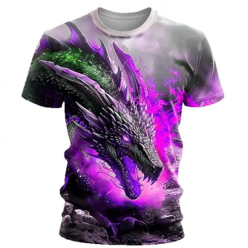 Men's grey T-shirt with a detailed 3D wind dragon graphic print on the chest.