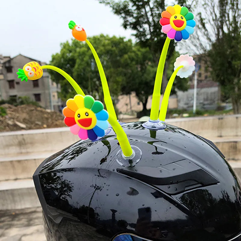 Silicone sunflower helmet decoration with suction cup mount for universal helmet attachment