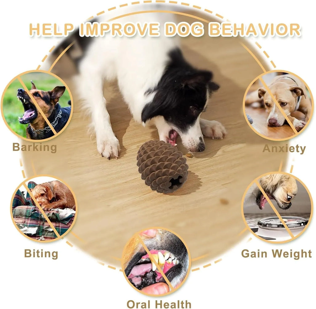 Yellow pine cone shaped natural rubber dog chew toy with treat dispenser for large breeds