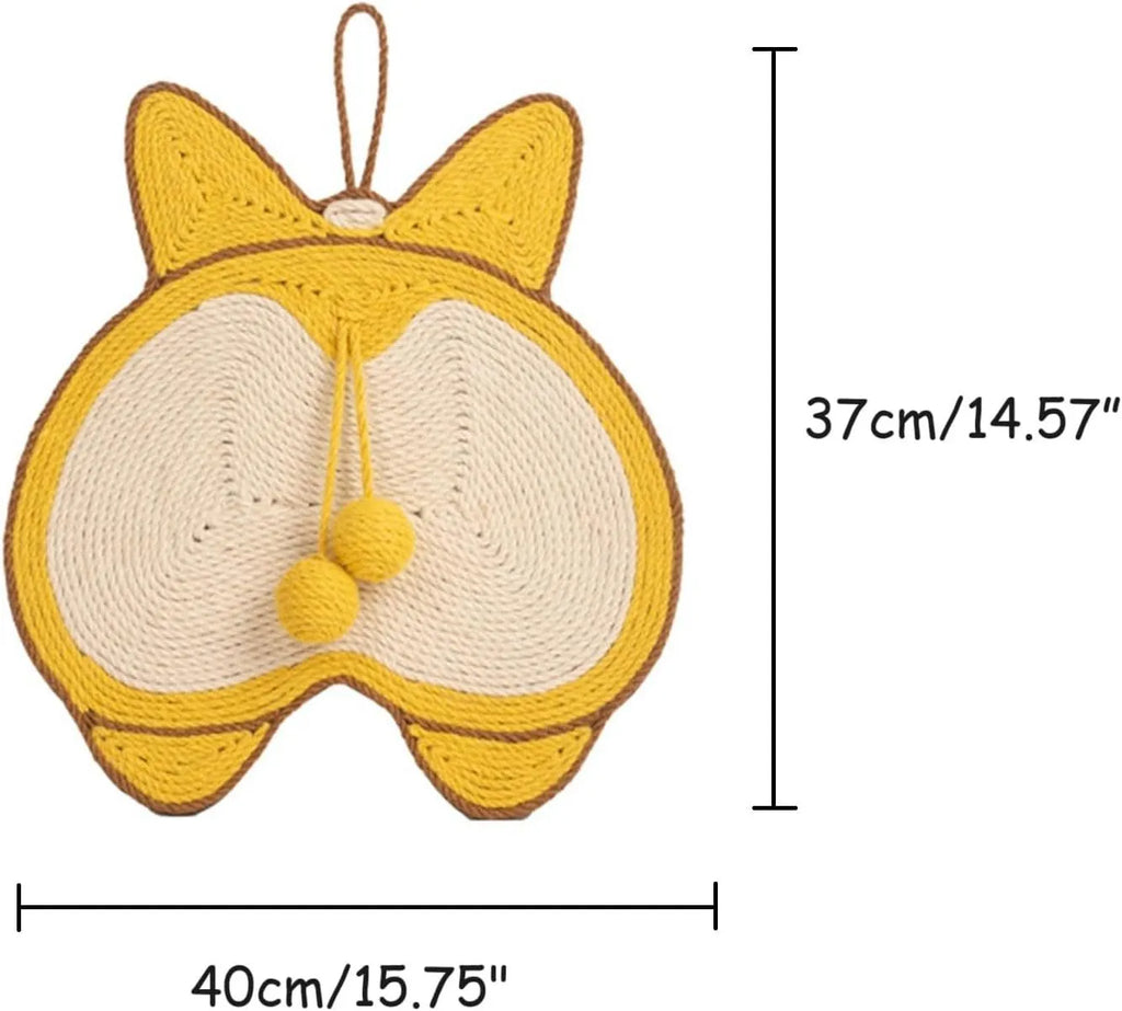 Yellow corgi design sisal cat scratching board with anti-slip base measuring 37 by 40 centimetres