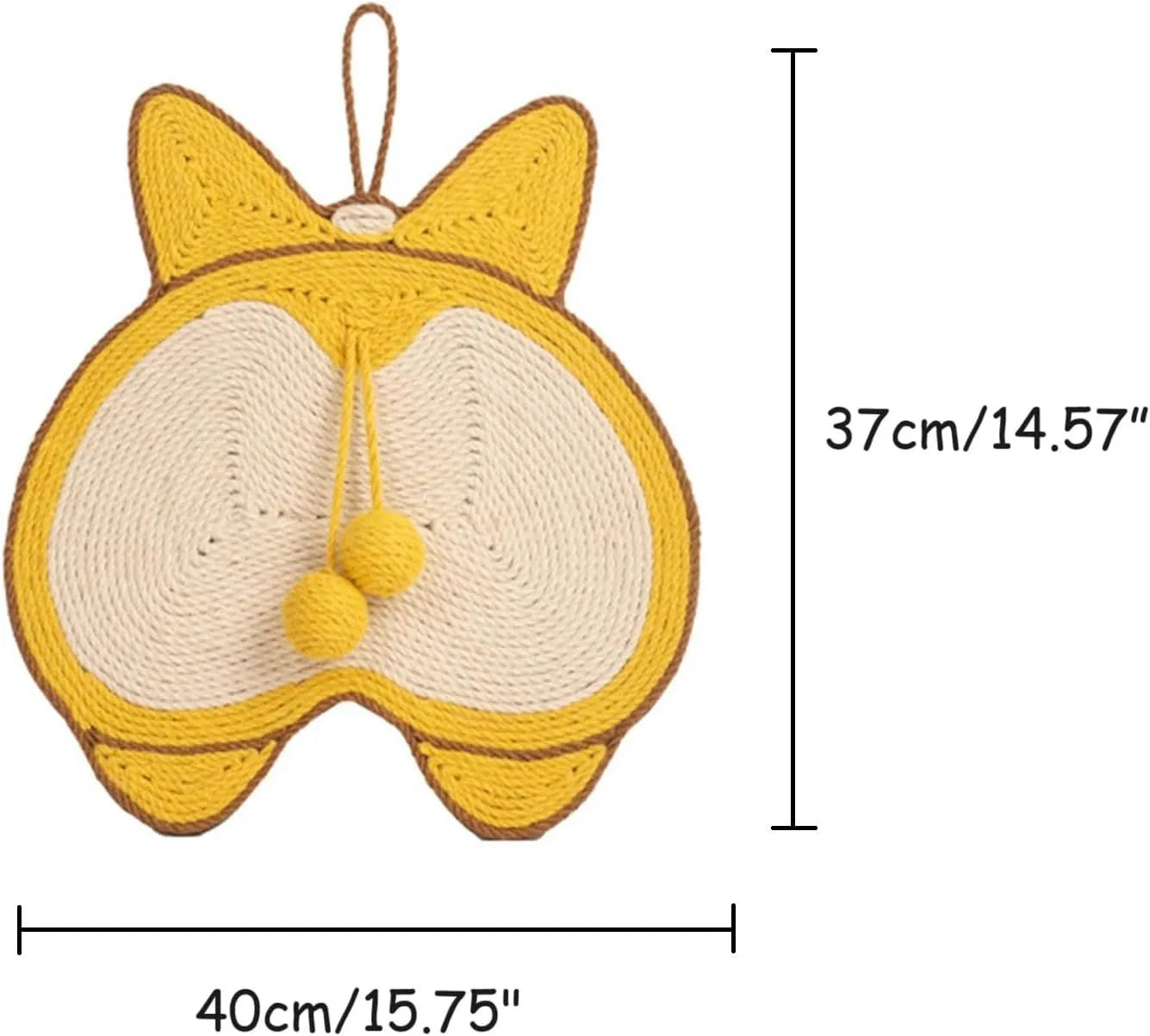 Yellow corgi design sisal cat scratching board with anti-slip base measuring 37 by 40 centimetres