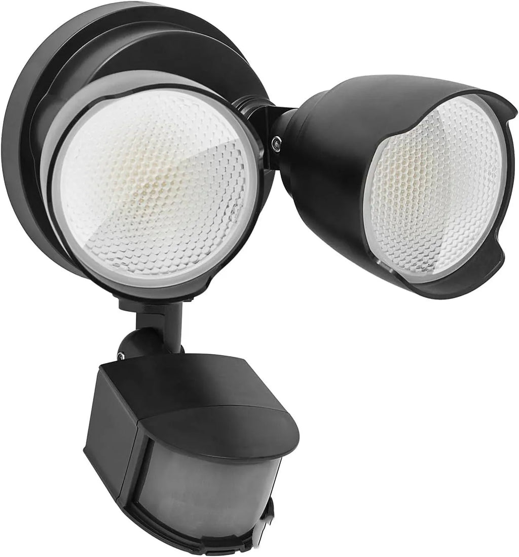 White 120V LED human body induction security flood light showing wall mount bracket and dimensions.