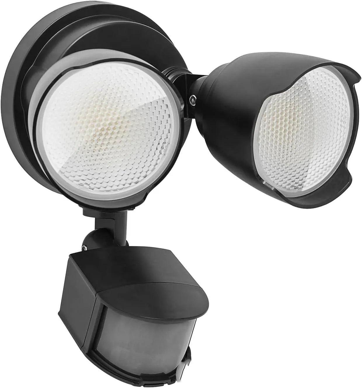 White 120V LED human body induction security flood light showing wall mount bracket and dimensions.