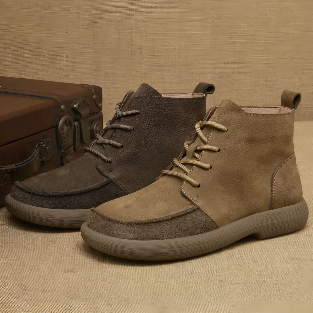 Grey genuine leather martin boots with wedge heel and front lace-up fastening
