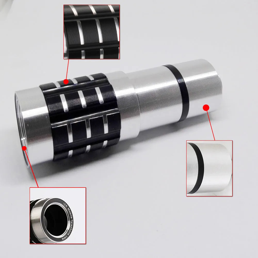 12x telescopic zoom lens attached via universal clip to a smartphone for long-distance filming.
