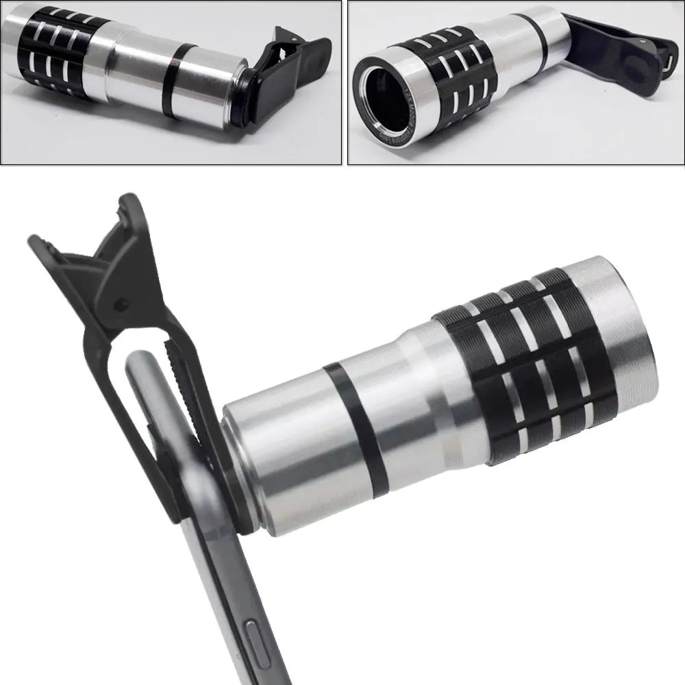 12x telescopic zoom lens attached via universal clip to a smartphone for long-distance filming.