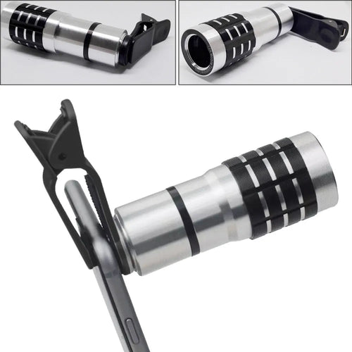 12x telescopic zoom lens attached via universal clip to a smartphone for long-distance filming.