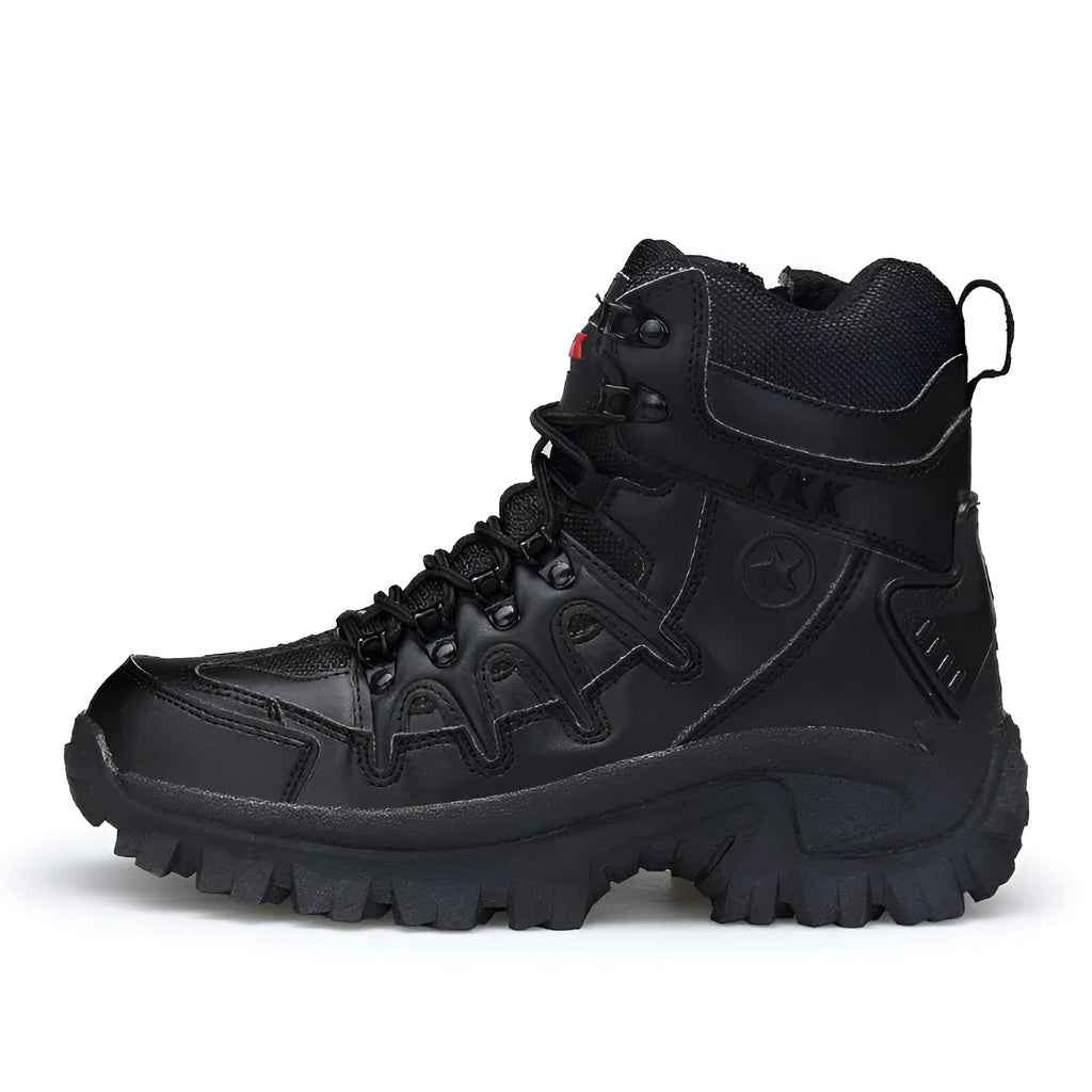 Men's black US Army Delta style tactical boots with a rugged rubber sole, shown on a hiking trail.