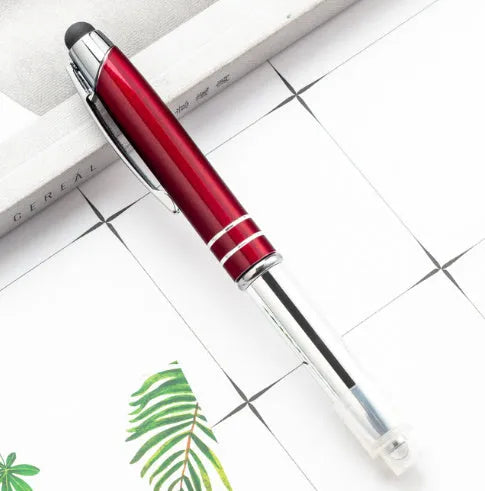 Metal capacitive stylus and ballpoint pen with LED light in five colour options.