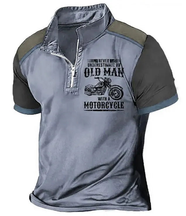 Men's grey casual polo shirt with a lapel collar, short sleeves, and a white digital letter print design on the chest.