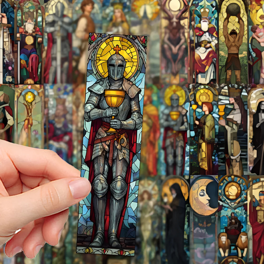 Set of 30 tarot card bookmarks with painted glass artwork designs on paper