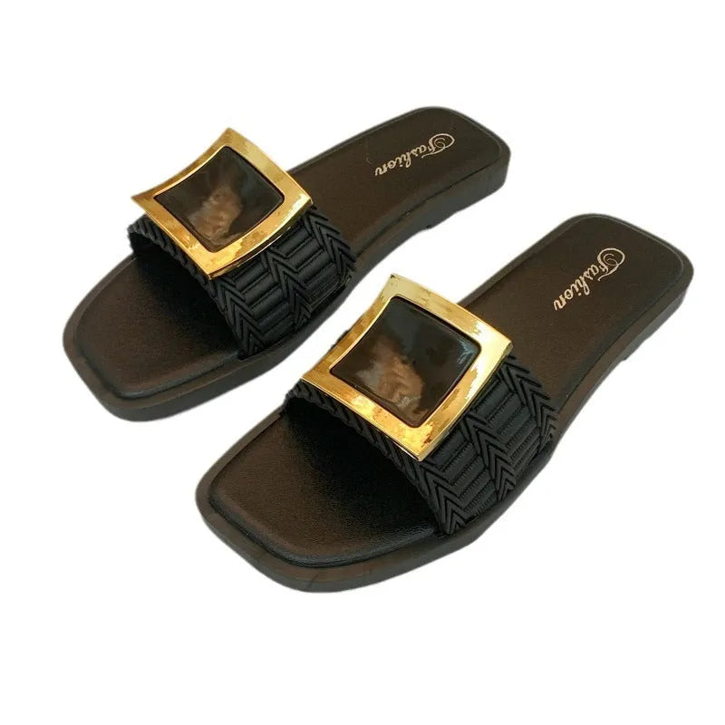 Women's summer flat slippers in apricot colour with PVC sole