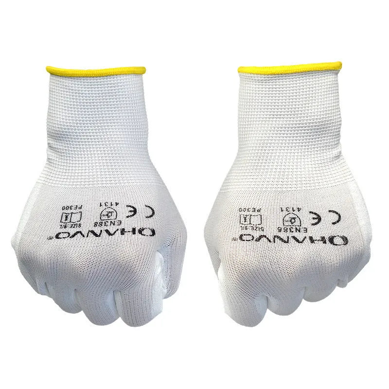 White PU coated labour gloves showing palm coating and mesh back panel