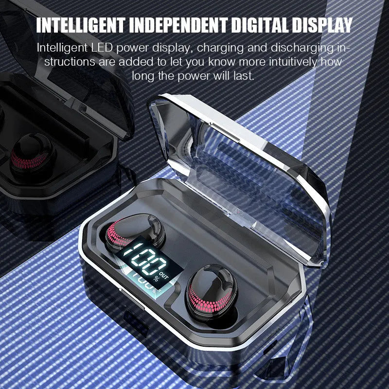 Black wireless Bluetooth headset with charging case on a table.