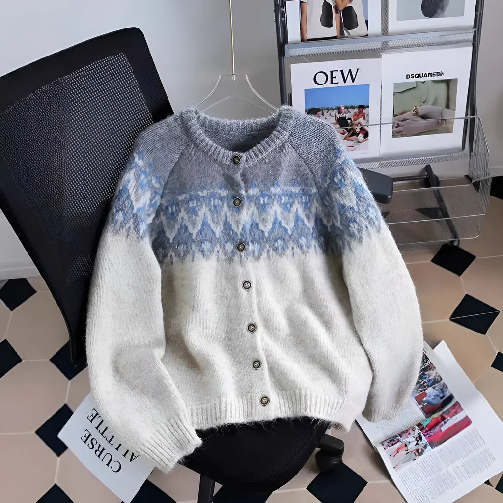 Women's brown jacquard pattern sweater coat with loose fit and long sleeves