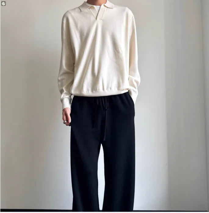 Old money style pure wool polo sweater with lapel collar in navy blue