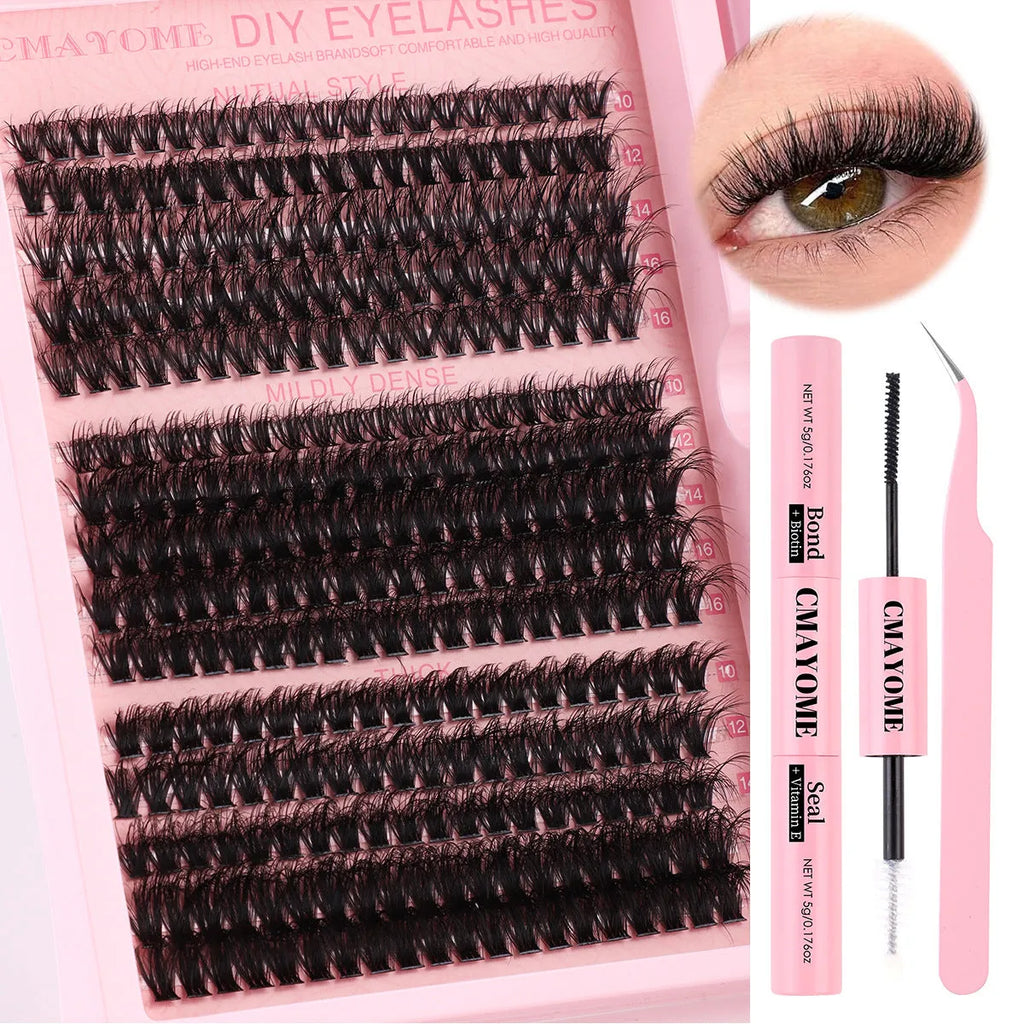 DIY false eyelashes extension suit showing cluster lashes and application tweezers for at-home use