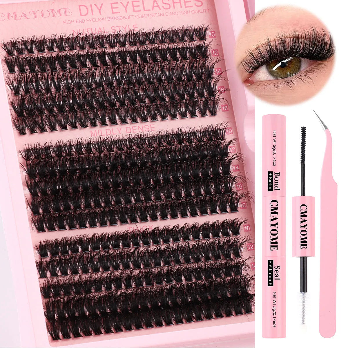DIY false eyelashes extension suit showing cluster lashes and application tweezers for at-home use