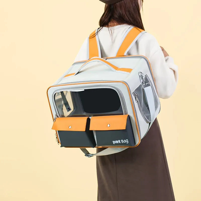 Portable nylon outdoor cat carrier backpack in brown with pull rod and foldable design