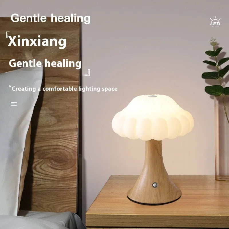 Mushroom-shaped decorative lamp with USB charging port and touch control in five colour options