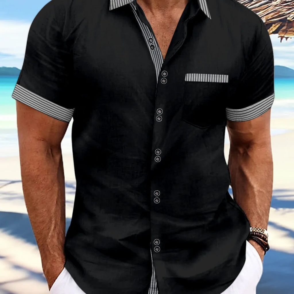 Pure cotton slim fit striped short sleeve casual shirt with double button front