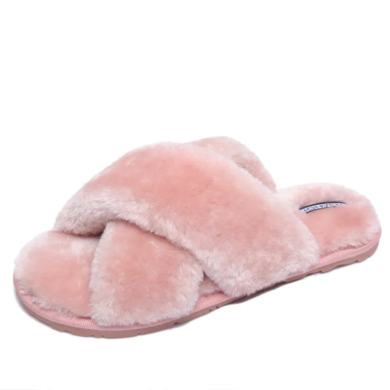 Cross open-toe fur slippers in pink with a patterned non-slip sole.