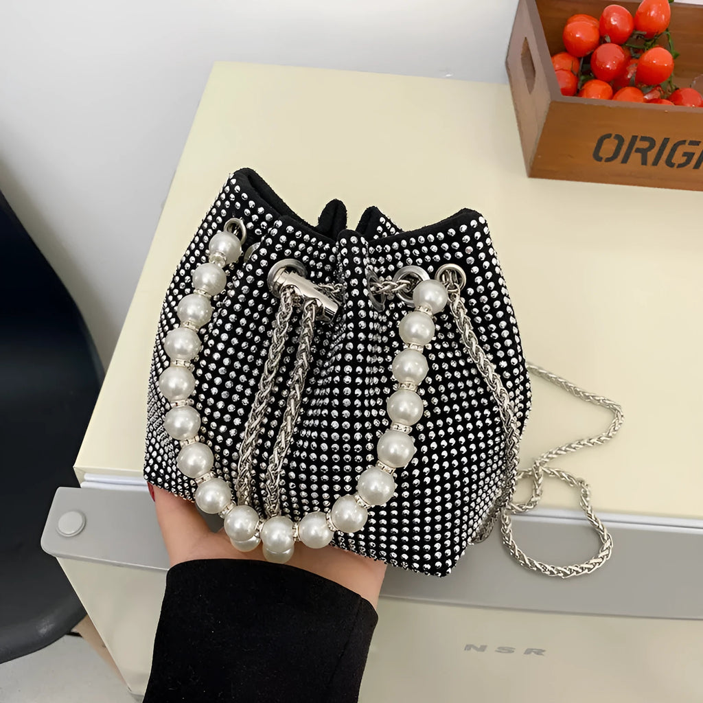 Black PU leather women's crossbody bag with diamond shoulder strap and chain detail