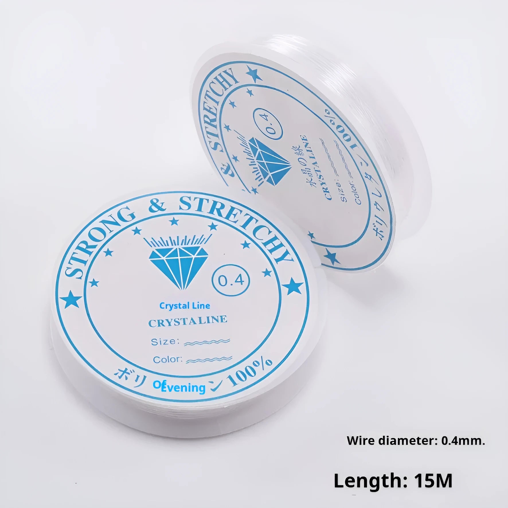 Spool of transparent white elastic thread with six diameter options shown for DIY crafts.