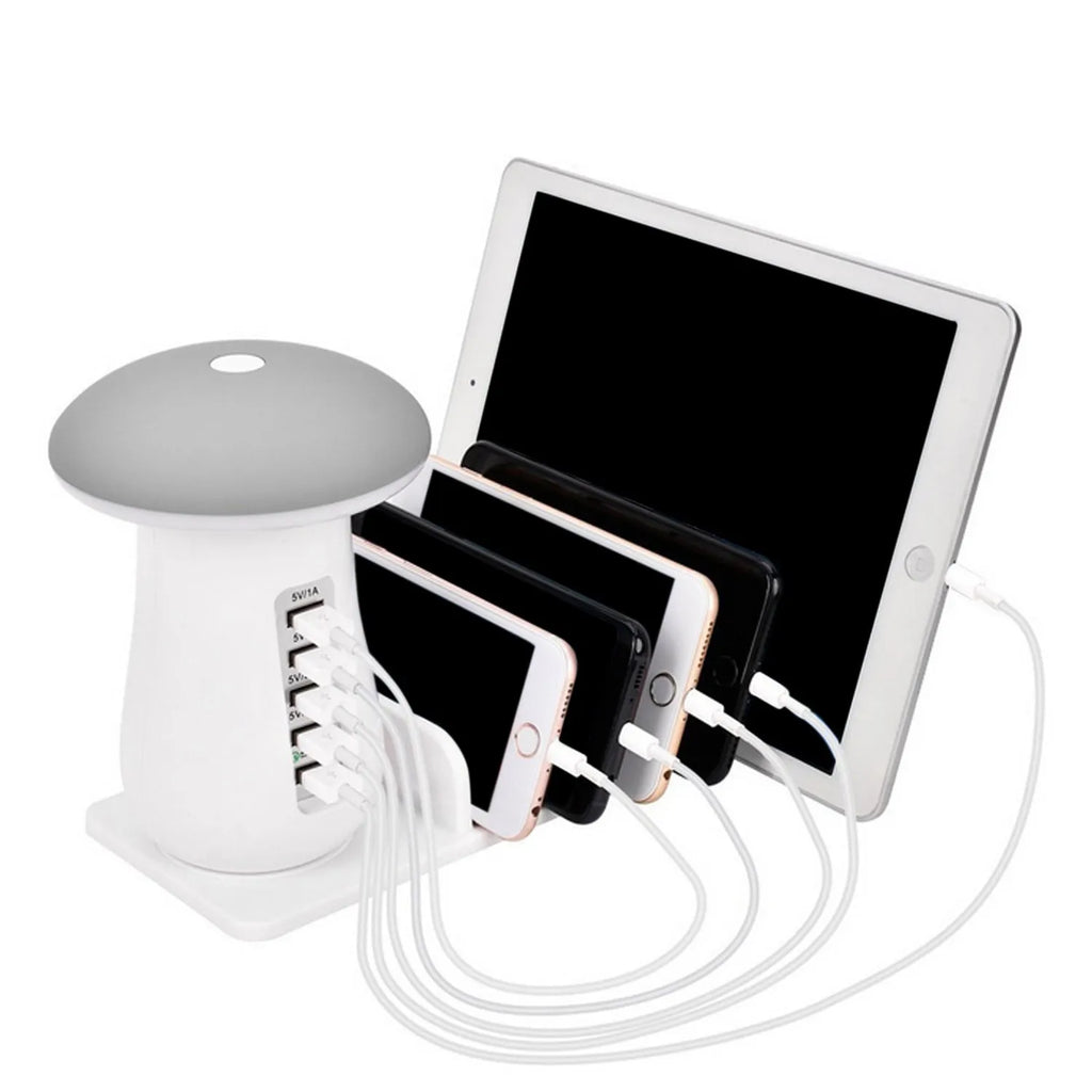 White mushroom-shaped USB charging dock with 5 ports and built-in LED night light on a desk