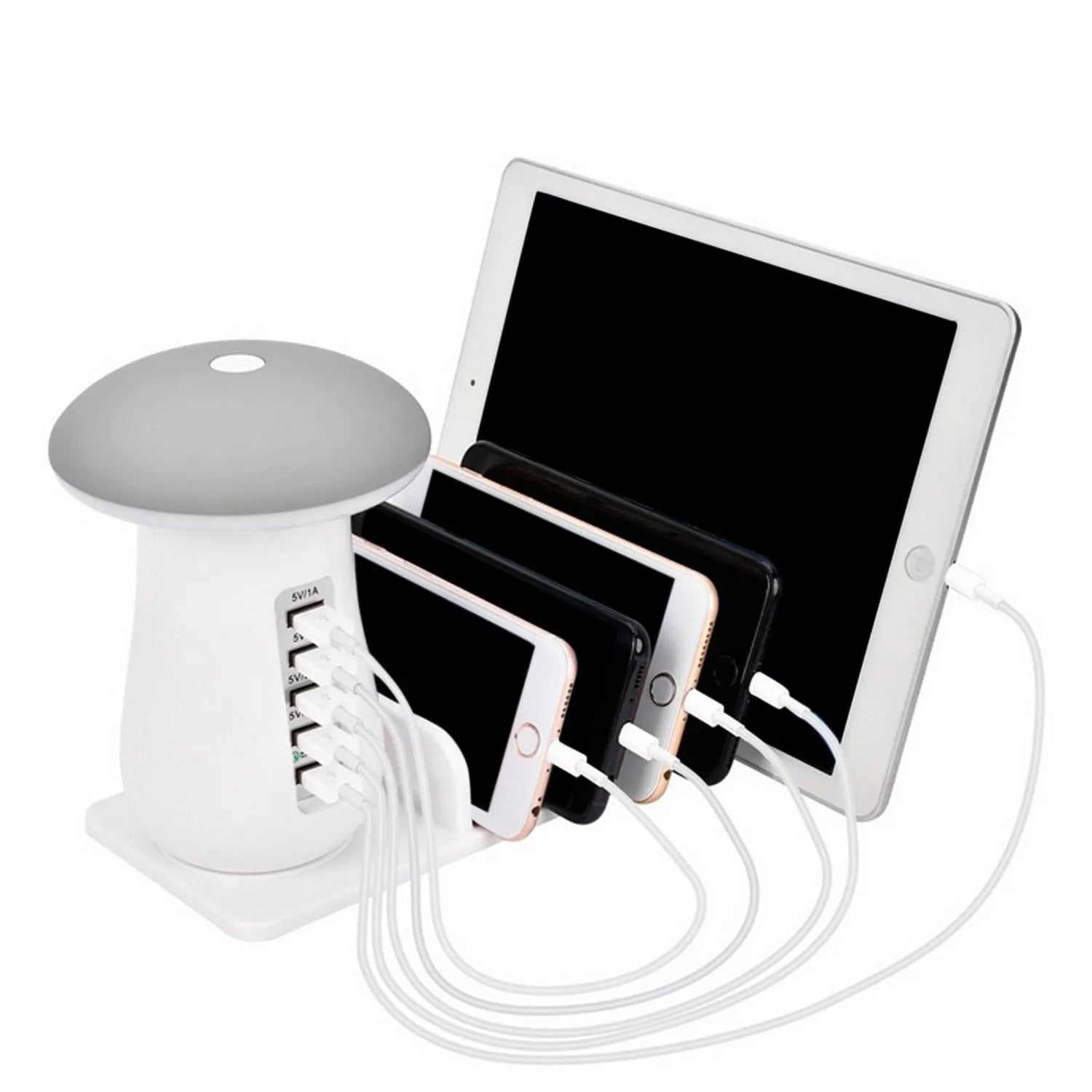 White mushroom-shaped USB charging dock with 5 ports and built-in LED night light on a desk