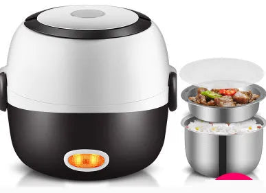 USB-powered electric lunch box showing two-layer and three-layer container options for food heating