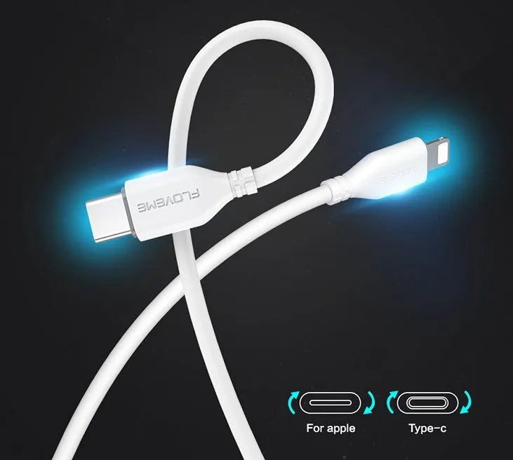 White USB-C to Lightning charging cable for iPhone showing reinforced connector ends and 1.2 metre length