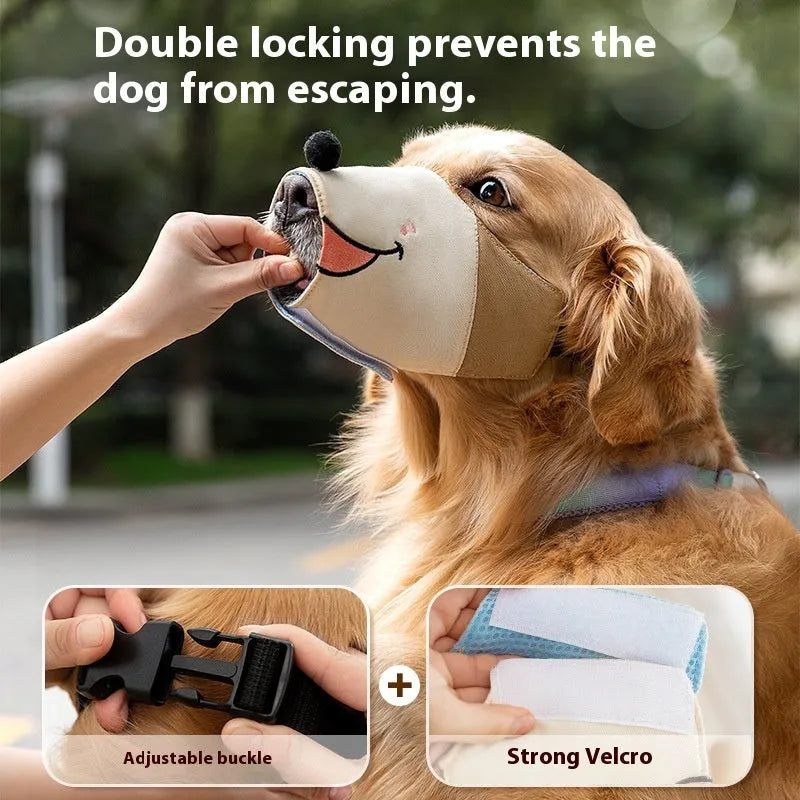 Canvas dog muzzle in Ollie Brown Bear or Bondi Blue Shark colour, shown in S, M, L, XL sizes for weight-based fitting.