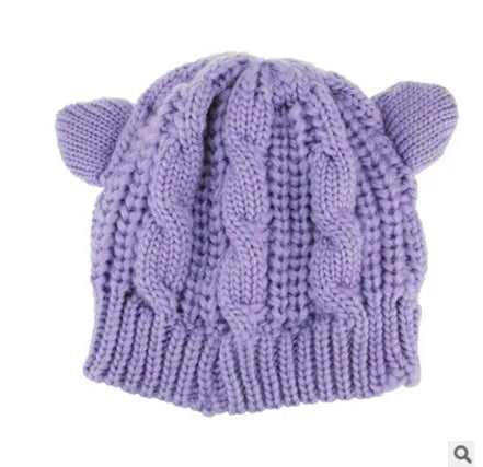 Hand made 3D cat ear knitted winter beanie in wool material showing multiple colour options
