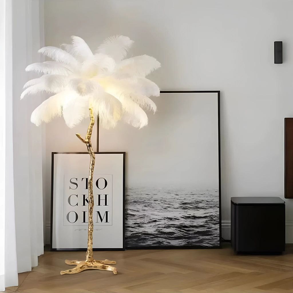 Tall decorative floor lamp with cluster of white resin feathers, standing 170cm high in a living room.